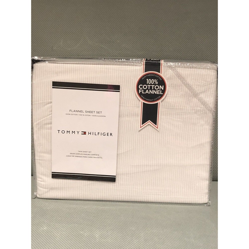 Tommy Hilfiger TWIN FLANNEL Striped Sheet Set 100% Cotton Light Gray White NEW